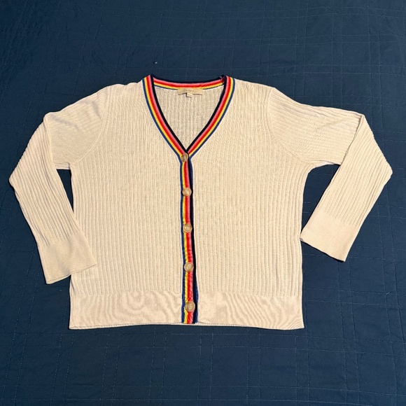 LOFT Pre-owned White Ribbed Cardigan with Rainbow Trim, Women's Size XXL - Picture 8 of 9